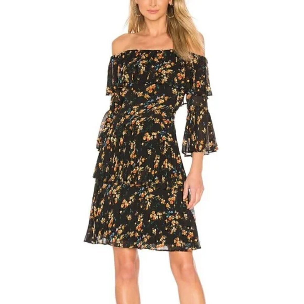Bardot Black Ditsy Pleat Layered Off Shoulder Dress in Water Floral Size 6